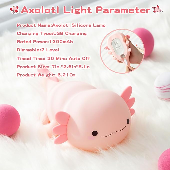 FAMIDUO Pink Axolotl Lamp, Food-Grade Silicone Squishy Night Light for Kids | 2-Level Touch Dimmable ,20-Min Auto-off Timer, Rechargeable Anti-Blue Warm Glow Nursery Bedside Decor, Cute Gifts for Girls