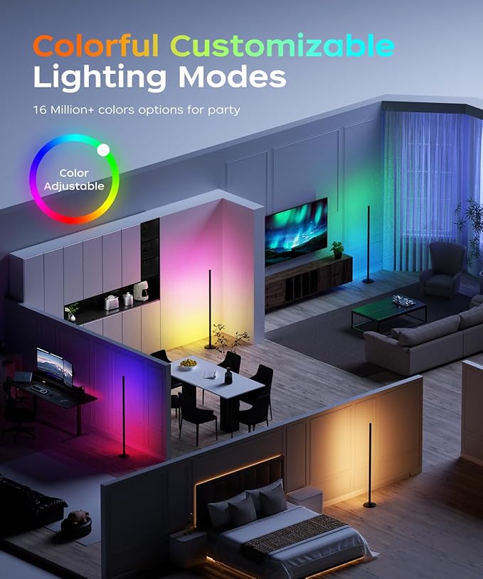 Corner Floor Lamp, Smart RGB LED Corner Lamp with Music Sync and 16M+ DIY Colors, Remote & App Control, Color Changing Ambient Lighting, Floor Lamps for Living Room, Bedroom and Party