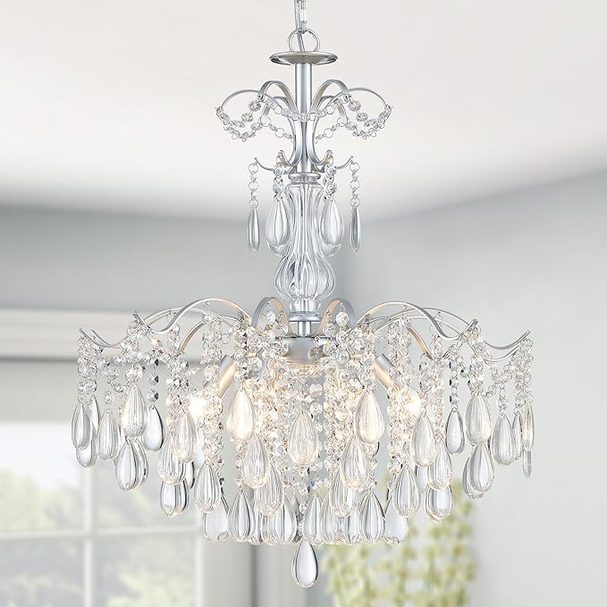 WUZUPS 6-Light Crystal Chandelier Pendant Ceiling Light Modern Lighting Fixture for Bedroom Hallway Bar Kitchen Bathroom, H 25.6" W21.7, E12 Base, Silver