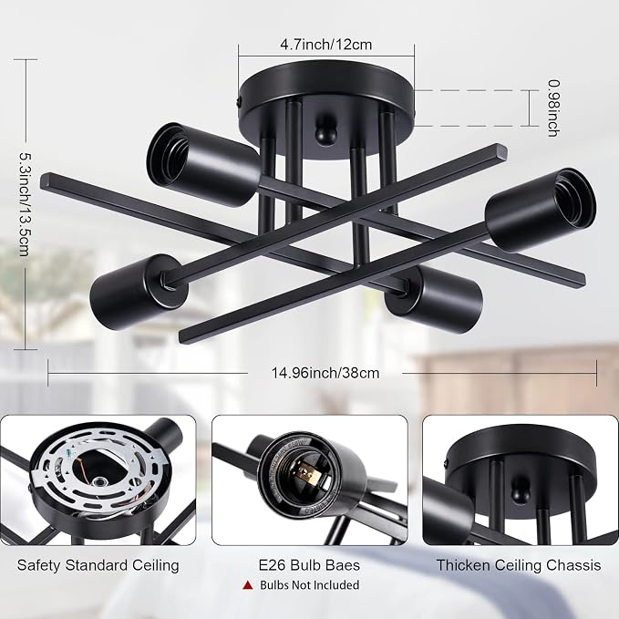 Sputnik Chandeliers, Modern Semi Flush Mount Ceiling Light with E26 Base, Mid Century Industrial Kitchen Farmhouse Light Fixtures for Bedroom Living Room (Black, Ceiling 4 Lights)