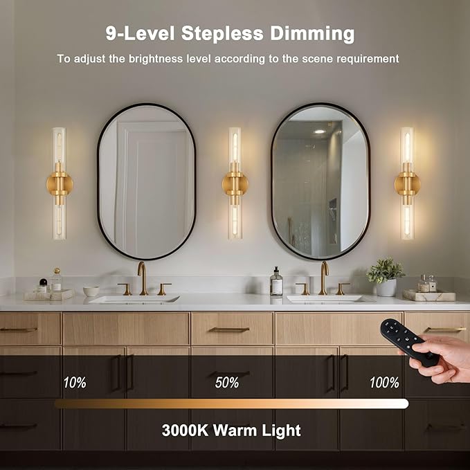 Gold Battery Operated Wall Sconce Set of 2, 12000mAh Rechargeable Wall Lights with Remote Control, Wireless Dimmable Wall Lamps for Bedroom Living Room Bathroom Hallway Stairwell