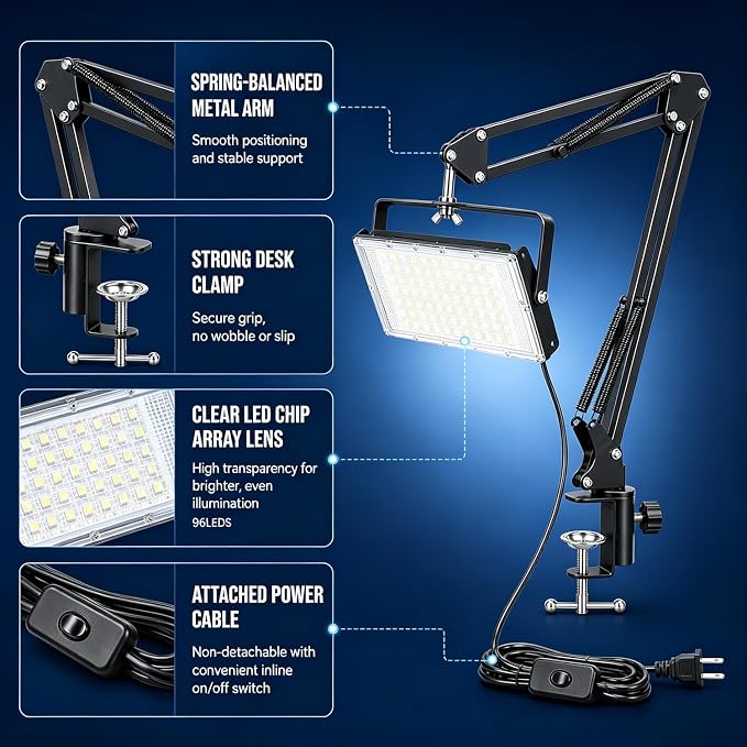LED Work Bench Light, Adjustable Swing Arm Clamp Flood Light, Plug in Task Lamp for Garage Workshop Craft