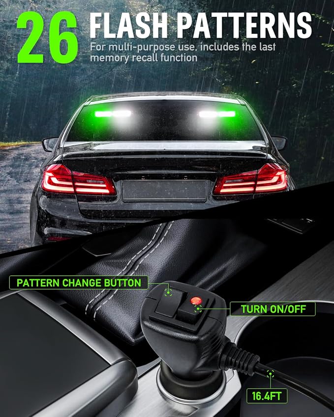 HLauto 1002L Emergency Strobe Traffic Advisor Light Bar: 40LED Dash Safety Warning Flashing Front/Rear Windshield Visor Light for Construction Vehicle, Trucks (2x10.7inch, Green White)