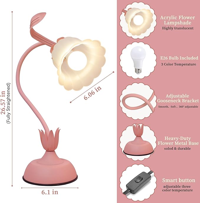 Vintage Flower Table Lamp, 3 Color Temperature Flexible Gooseneck Cute Small Desk Lamp for Bedroom, Kawaii Nightstand Bedside Lamps for Living Room, Dorm, Office, Home Decor (Pink) (Pink)