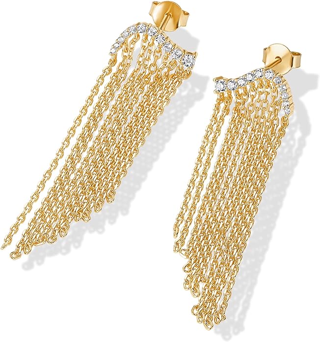 PAVOI 14K Gold Plated Long Tassel Dangle Earrings for Women - 925 Sterling Silver Posts Elegant Rhinestone Chain Chandelier Drop Earrings - Statement Jewelry