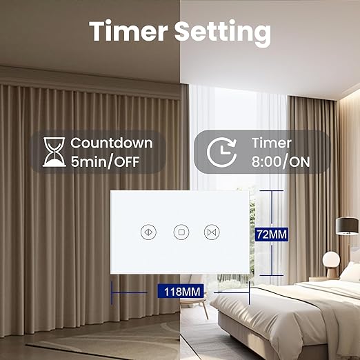 Smart Curtain Switch Single Gang 2.4GHz Wi-Fi Touch Switch, Neutral Wire Required,Work with Smart Life/Tuya App and Alexa,Tempered Glass Panel,White