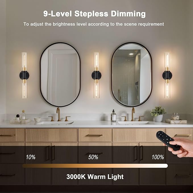 Battery Operated Wall Sconce Set of 2, 12000mAh Rechargeable Wall Lights with Remote Control, Wireless Dimmable Wall Lamps for Bedroom Living Room Bathroom Hallway Stairwell, Black & Gold