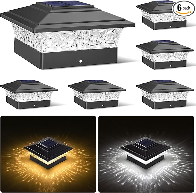 Solar Post Cap Lights Outdoor 6pack, Waterproof Solar Powered Deck Fence Post Lights Fit 4x4 Wood/Vinyl Posts, Black Deck Post Lights with Warm/Cool White for Garden, Patio, Porch, Fence