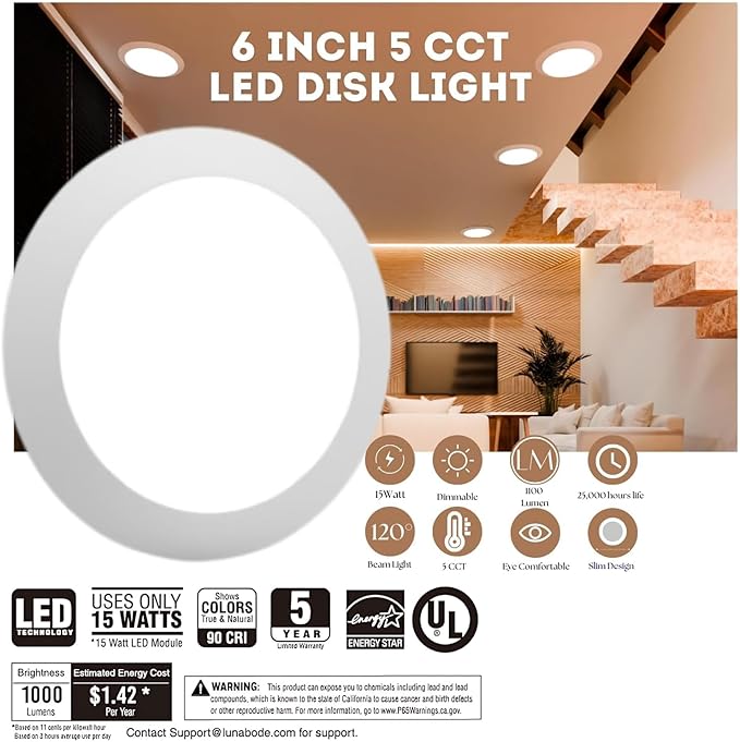 7.5 Inch Disc Light - 6 Pack I Dimmable Flush Mount Ceiling Light Fixtures | 5CCT LED Lights for Bedroom | 2700K/3000K/3500K/4000K/5000K I ETL & UL Certified