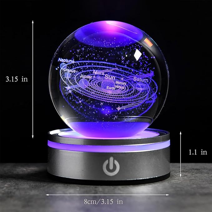 Solar System 3D Crystal Ball with LED Stand, 80mm Galaxy Model Decor Glass Sphere Lamp Night Light, Space Universe Astronomy Gifts for Women Men Mom Kids