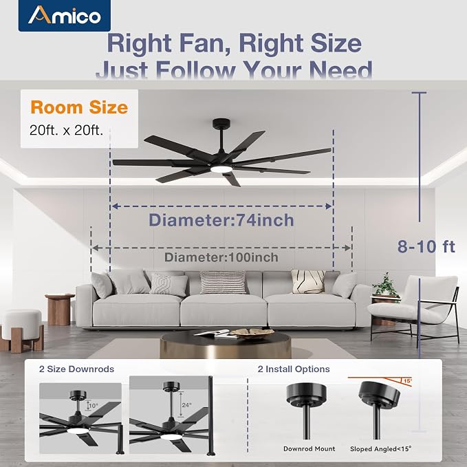 Amico 74 Inch Ceiling Fans with Lights and Remote, Black | 6 Speed Reversible DC Motor, 3CCT, Dimmable, Quiet, Timer, Large Modern Ceiling Fan for Living room, Indoor/Outdoor