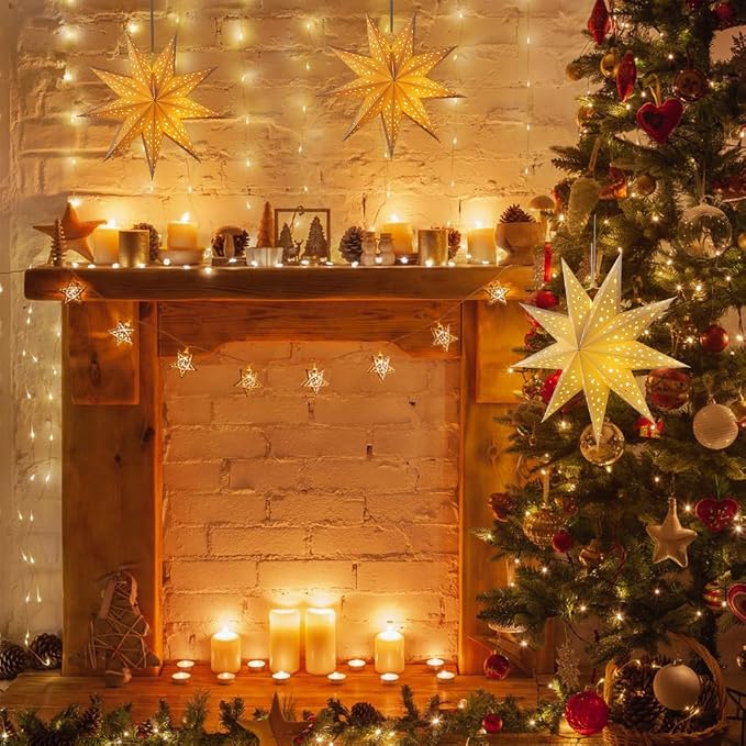 OSALADI 3Pcs Paper Star Lantern Lampshade 9 Pointed Star Hanging Decorations for Christmas New Year Wedding Party Holiday Birthday, 13.78 x 13.78 x 5.12 Inch