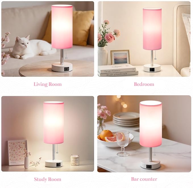 Dicoool Pink Bedside Table Lamp for Girls Bedroom - USB A+C Charging Ports | 3 Color Temperatures, USB A+C Port, Bulb Included, Pink Fabric Shade, Matte White Metal Base, 14" Desk Lamp for Kids Dorm