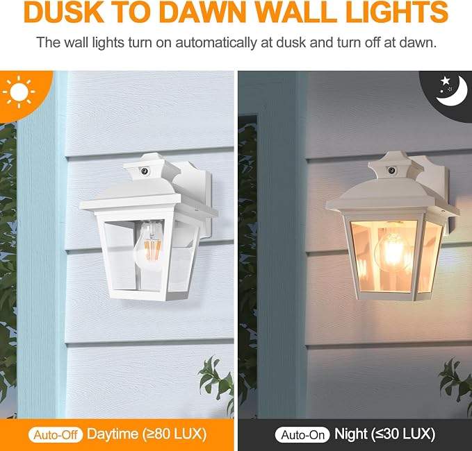 FUDESY Dusk to Dawn Outdoor Wall Lantern, Exterior Porch Light Fixture, E26 | Waterproof Modern White Wall Sconce, Sensor Outside Lighting Wall Mount for Hose,Front Door,Garage,Entryway, 3000K Warm White