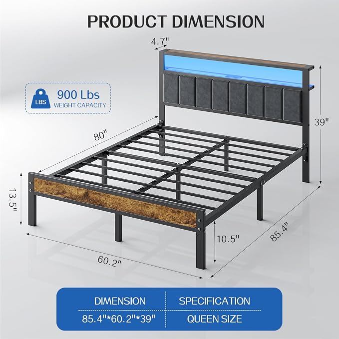 Liians Queen Size Bed Frame with 2-Tier Storage Shelf Headboard, LED Lights | Usb+Type C Charging Station, Metal Platform Bed, No Box Spring Needed, Noise Free, Easy Assembly