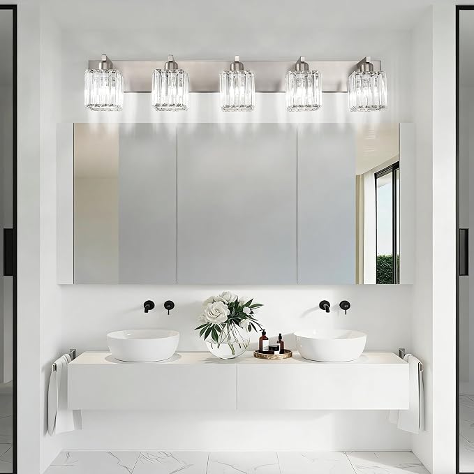 Aipsun Brushed Nickel Bathroom Lighting Fixtures 5 Light Vanity Light Crystal Modern Bathroom Vanity Light (Exclude Bulb)