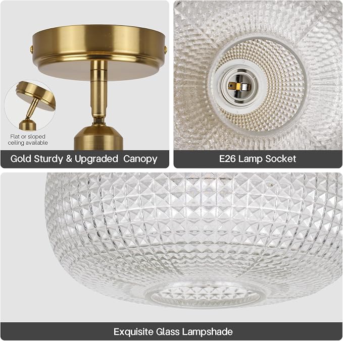Glass Semi Flush Mount Ceiling Light Fixture, Gold Vintage Globe Lamp, Sloped Ceiling Adaptable, for Hallway, Kitchen, Bedroom, or Entryway, Modern Farmhouse Style Light for Dining Room
