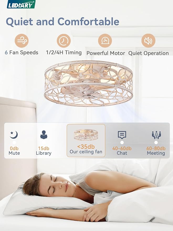 LEDIARY Caged Ceiling Fan with Light, Flush Mount Fandalier with Remote | Low Profile, Farmhouse Small, Bladeless Industrial, Quiet DC Motor, App Control for Bedroom, Kitchen, Dining Room, White Gold