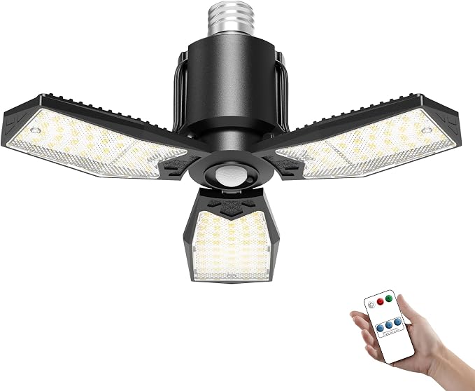 Motion Sensor Garage Light, 80W, 8000LM, E26 Screw in, 1 Pack | Remote & Wall Switch Control, Deformable LED Panels, 6500K Daylight, 360° Detection for Basement Attic
