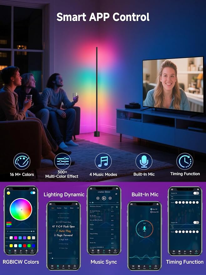 Corner Floor Lamp, Corner Lamp with App & Remote Control, Smart RGBIC Corner Light with 16 Million Colors & 68+ Scene, Music Sync, Timer Setting, Ambient Lighting for Living Room,Bedroom,Gaming Room