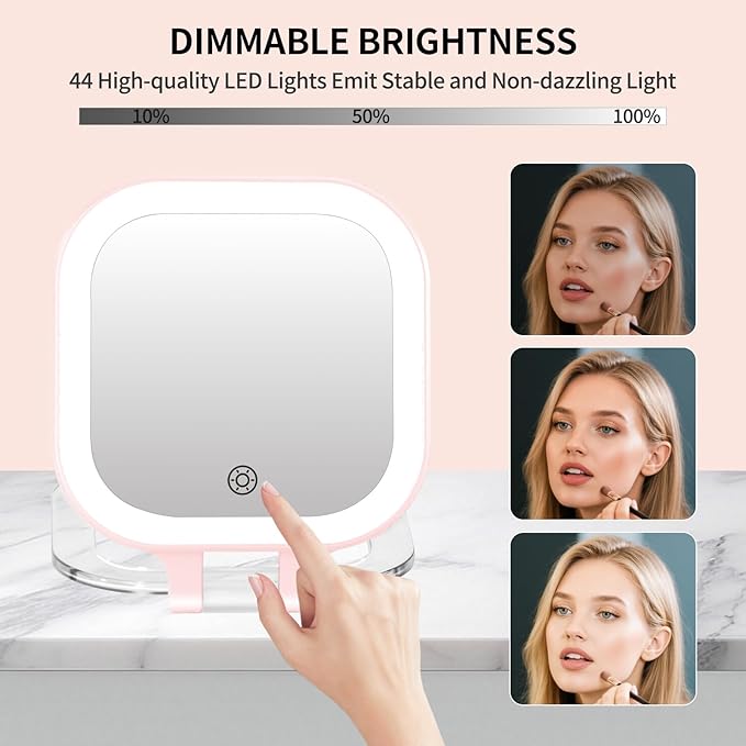 FUNTOUCH Travel Makeup Mirror with Light, 1X/30X Magnifying with 3 Light Settings & Adjustable Brightness,Rechargeable Folding Compact Double Sides Mirror for Home and Travel, Soft Pink
