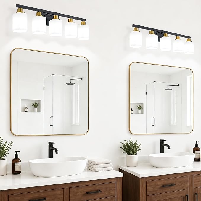 5-Light Black and Gold Vanity Light,Bathroom Lighting Fixtures,30" | Bathroom Light for Mirror with Square Frosted Glass,Modern Wall Sconces fixtures over Sink Restroom,Living Room Hallway