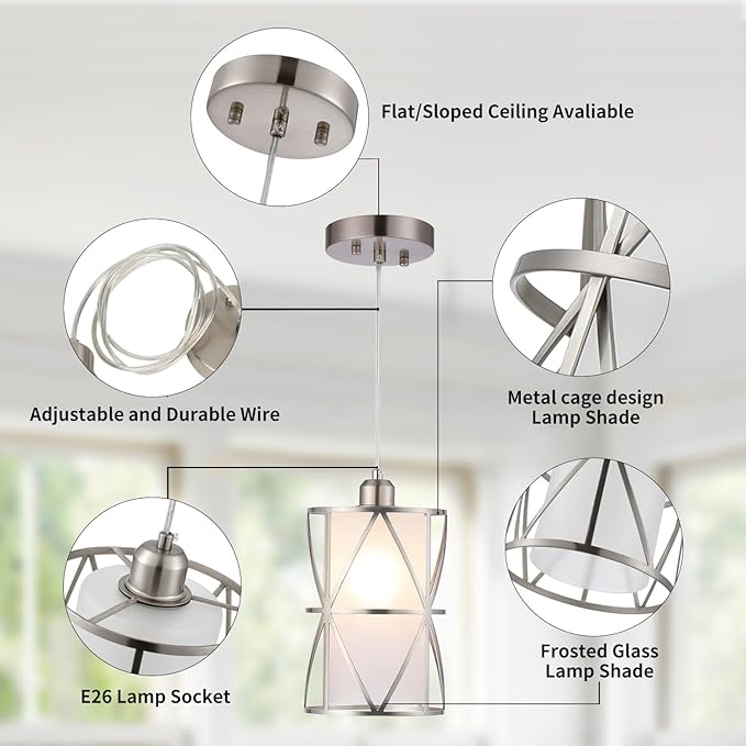 5.4"×7.9" Pendant Light with Frosted Glass, Modern Pendant Lights Kitchen Island, Brushed Nickel Pendant Light Fixtures, Cylindrical Pendant Lighting for Kitchen Island, Dining Room, Foyer