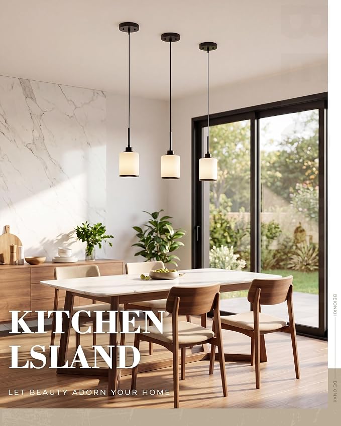Beionxii Pendant Light Fixtures 2 Pack,Milk Glass Pendant Lights Kitchen Island, Farmhouse Pendant Lighting,Modern Hanging Pendant Lights Over Island for Dining Room Bedroom Entryway Sink,BX-PL02MB-2