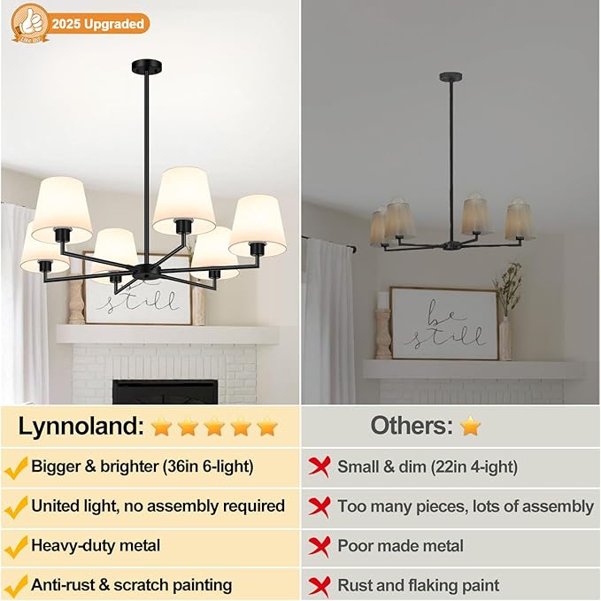 36" Black Dining Room Light Fixture, No Assembly Required 6-Lights Kitchen Chandelier for Dining Room with White Fabric Shade, Chandelier Ceiling Light Fixture for Kitchen Island Bulb Not Included