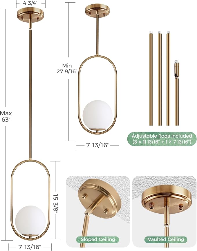 Majade Pendant Lights Kitchen Island, Mid Century Modern Pendant Light Fixtures, 2 Pack Champagne Bronze Globe Glass Pendant Lighting, Brass Chandelier Adjustable Hanging Light for Kitchen Island