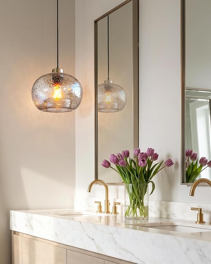 Glass Pendant Light, Clear Black Seeded, Brushed Nickel | HandBlown Ceiling Hanging Fixtures Dimmable Kitchen Island Sink Bar,Adjustable Cord,Lamp 8.7 Inch D