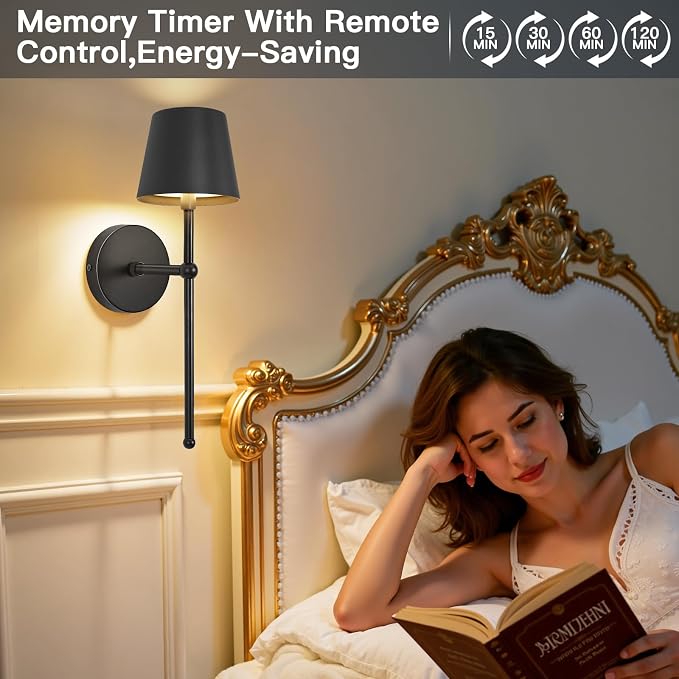 TaoFiaCo Battery Operated Wall Sconces Set of 2,Wireless Wall Sconce Black | 5200mAh Rechargeable, Remote, Timer, Dimmable, Cordless Wall Light for Bedroom Living Room, Hallway, Light Decor