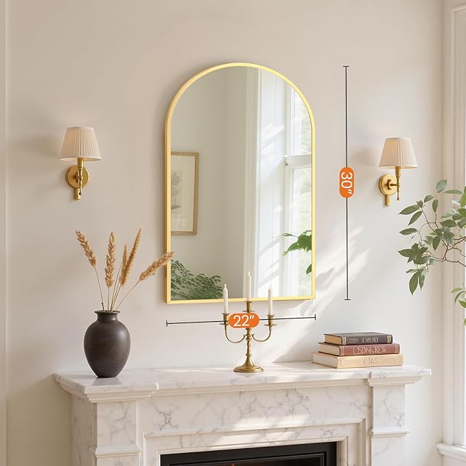 NEWBULIG 22X30 Inch Arched Bathroom Mirror for Wall, Vanity Bathroom Mirrors for Over Sink Tempered Glass, Anti-Rust Arched Metal Framed, Hangs Horizontally or Vertically, Farmhouse Home Decor, Gold