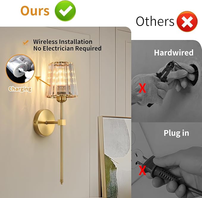 Battery Operated Crystal Wall Sconces Set of 2, Gold Wireless Wall Sconce with USB Rechargeable LED Light Bulbs 12 Colors Dimmable Crystal Wall Lamp with Remote for Bedroom Living Room, Bulbs Included