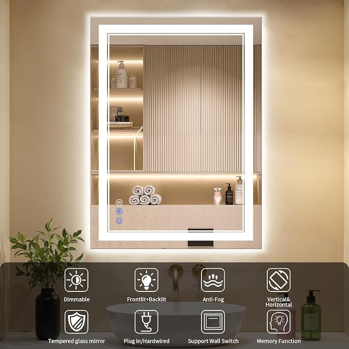 22"x30" LED Bathroom Mirror with Lights, Anti-Fog, Backlit + Front Lit, Dimmable, Led Vanity Mirror for Wall, Lighted Bathroom Mirror, 3 Colors, Shatter-Proof Tempered Glass