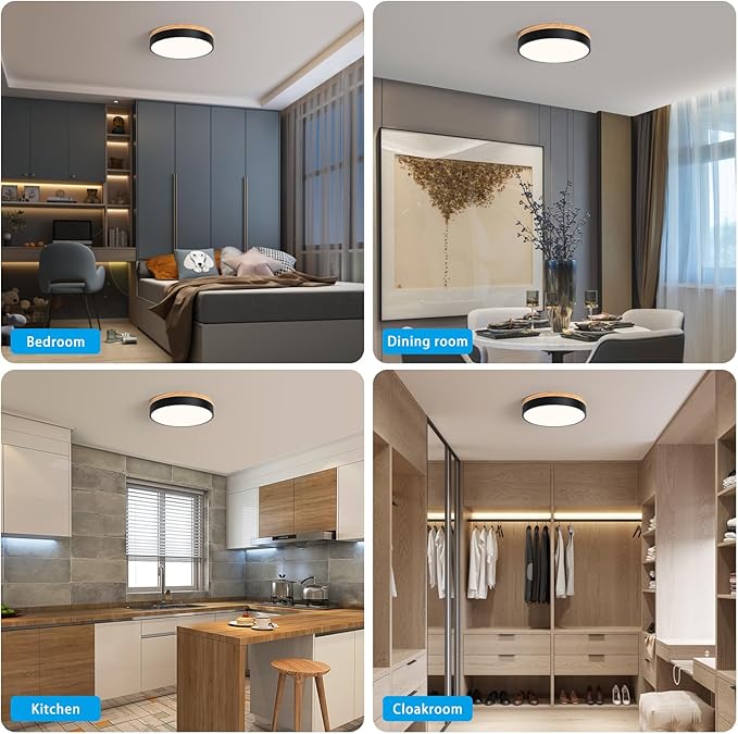 Modern Wood Oak Black Flush Mount Ceiling Light Dimmable LED Ceiling Light Fixture Minimalist Circle Close to Lighting Lamp for Kitchen Bathroom Bedroom Laundry Room, 11.8''