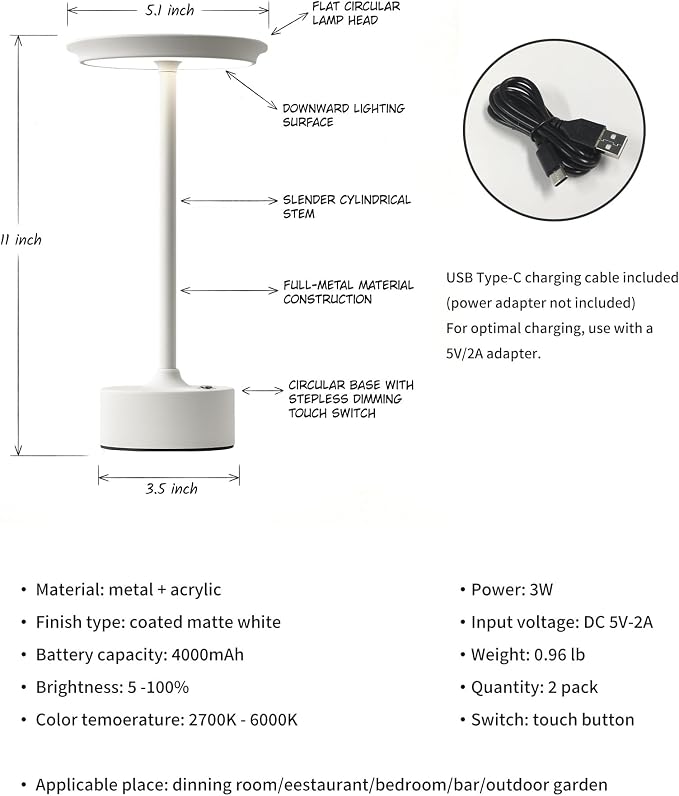 PUSU Rechargeable Table Lamps Set of 2, White Cordless Portable Desk Lamp | 4000mAh Battery, Stepless Dimming & 3 Color 2700K-6000K, LED Lamp for Bedroom, Living Room, Restaurant, Outdoor, Night Light