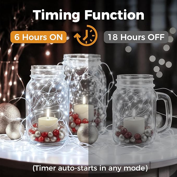 litogo 100 Pack Cool White Fairy Lights Battery Operated with Timer, 20 LED 3 Modes Twinkle Light, 7ft Waterproof Silver Wire Mini Small Bulk Mason Jar String Light, Decor for Wedding Party Christmas