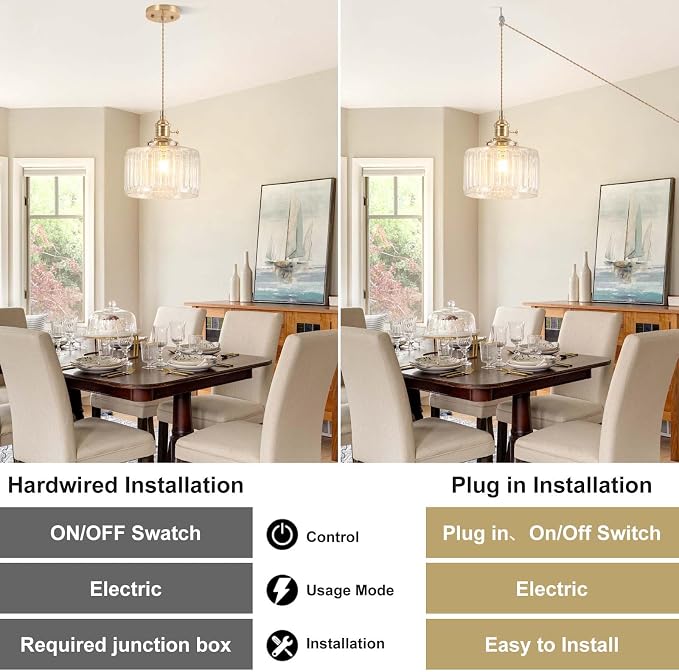 Pendant Light Fixtures,Plug in Hanging Light Fixture 6.6in Glass Pendant Light,E26 Pendant Lighting for Kitchen Island, Bedroom, Dining Room, Living Room