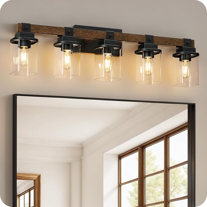 5-Light Bathroom Light Fixtures, Farmhouse Vanity Lights for Bathroom with Glass Square Shade, Rustic Vanity Lights, Sconce Wall Light, E26 Base (Bulbs Not Included), ETL Listed FS10BD05