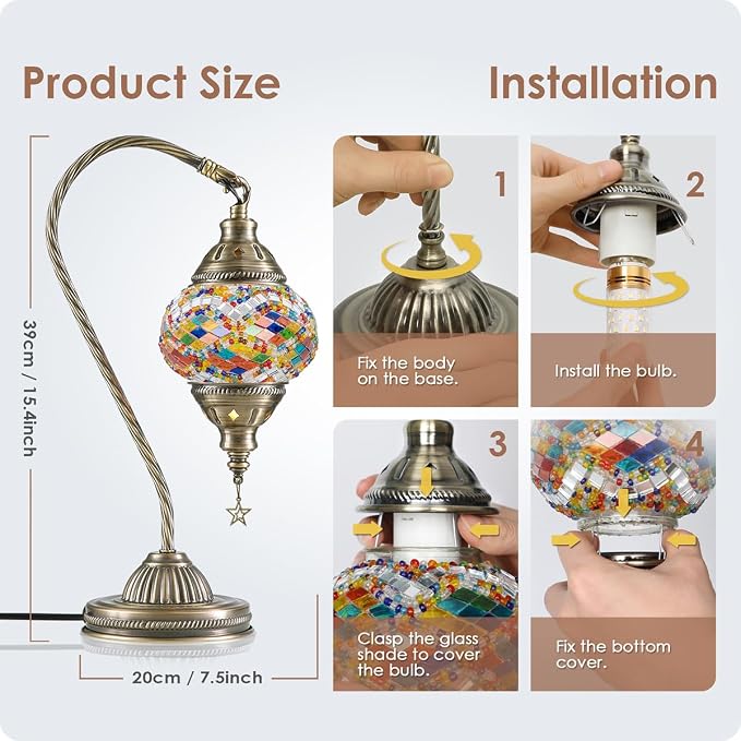 Yarra-Decor Turkish Moroccan Lamp with Bronze Base 3 Color Options Handmade Swan Neck Mosaic Glass Bedside Lamps for Bedroom (LED Bulb Included)(Colorful1)