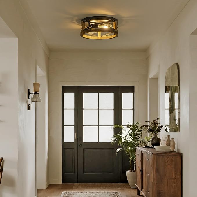Farmhouse Ceiling Light, 2-Light Round Flush Mount Ceiling Light with Wood and Metal Frame, Black Rustic Light Fixture for Hallway, Entryway, Bedroom, Kitchen