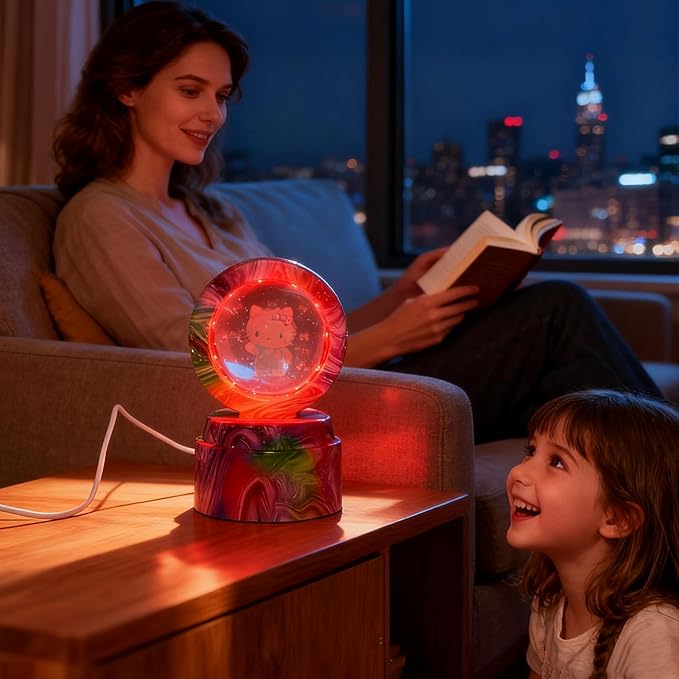 Cute Cartoon lamp,2.36 inch Rotatable 3D Crystal Ball Anime Night Light with 7 Colors Change,Color Box,Children's Room Decoration Holiday Gifts，Birthday Christmas Gifts (Pink)