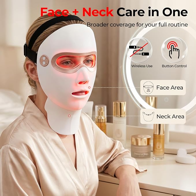 Red Light Therapy for Face and Neck, Cordless LED Face Mask | 7-Color Multi-Mode Skincare Device, Detachable Neck Panel, 3-Level Warming, Rechargeable for Home Use