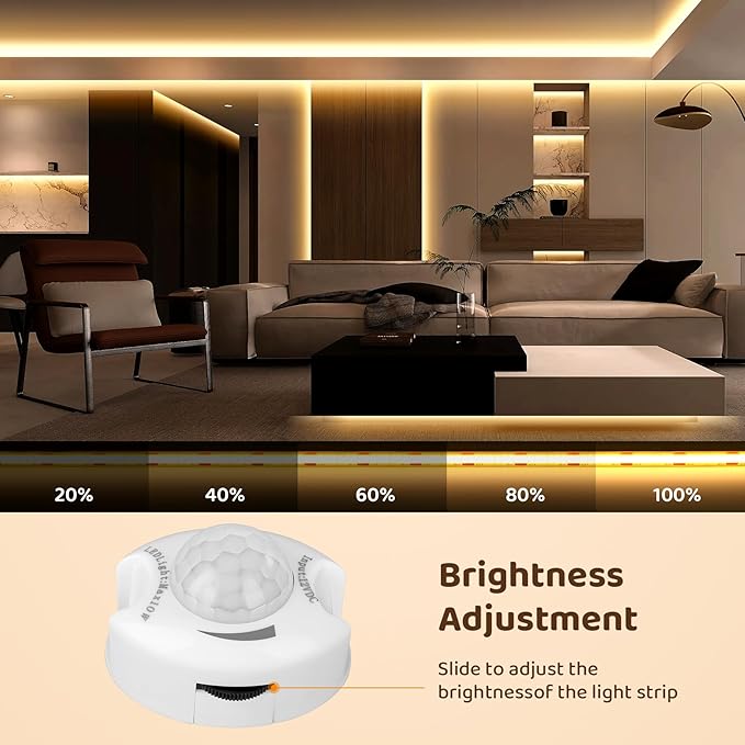 Under Bed Lights Motion Sensor COB Strip, 2-Pack of 6.56Ft Warm White Motion Activated LED Strip Lights with Dimmer, 12V Motion Sensor LED Light Strip Indoor for Bedside Cabinet Kitchen Closet Stair