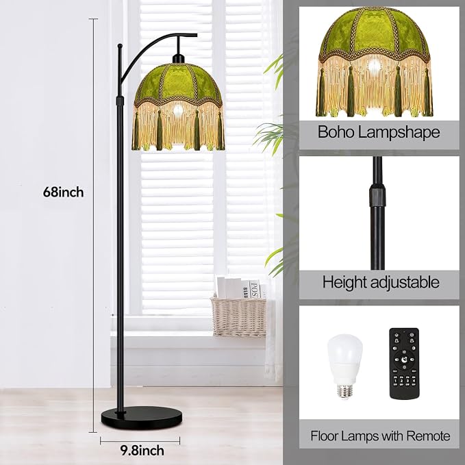 QIYIZM Arc Floor Lamp for Living Room,Bedroom,Standing Lamp with Remote Dimmable,Green Mid Century Black Tall Lamp Boho Vintage Retro Fringe Tassel Flower Velvet Unique Lamp Victorian Tiffany Decor
