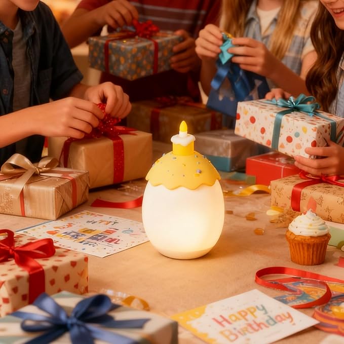 Night Light for Kids, Egg Baby Nursery Night Lamp with 7 Colors Changing & 30-Min Timer, Portable DIY Hand-Painted Custom Light for Kids Bedroom,Birthday Cake