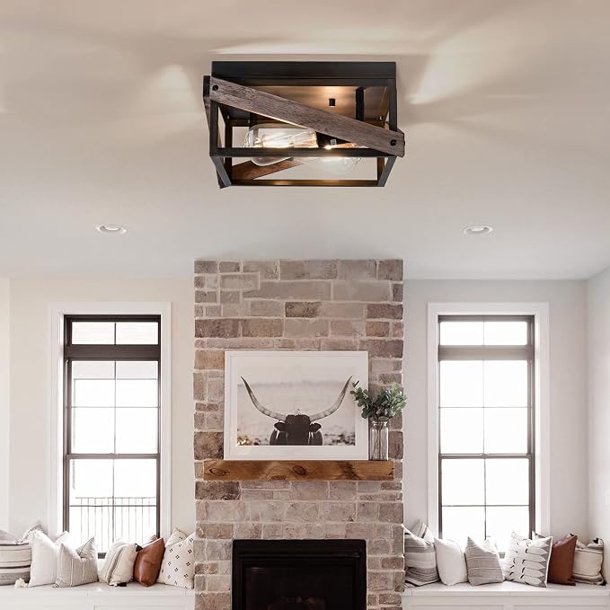 Mayful 2-Light Bronze Farmhouse Flush Mount Ceiling Light Fixturet, Rustic Hallway Light Fixtures with Wood & Metal Design, Industrial Close to Ceiling Light Fixtures for Kitchen Entryway Foyer