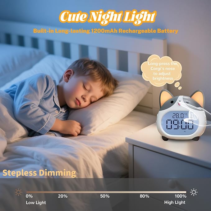 AVEKI Alarm Clocks for Kids - Cute Dog Clock with Night Light, 6 Alarm Tones, Snooze, Timer, Date and Temperature Display - Rechargeable Battery Operated Digital Clocks for Bedroom Kids Room