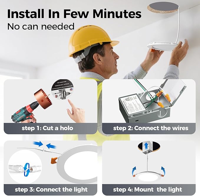 CHARKEE 36 Pack 6 Inch 5CCT Ultra-Thin LED Recessed Ceiling Light with Junction Box, 2700K-5000K, 1050LM High Brightness, Dimmable Canless Wafer Downlight,12W Eqv 110W, ETL & Energy Star & FCC